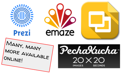 Collage of logos for Prezi, emaze, Google Slides, PechaKucha - Many, many more available online!