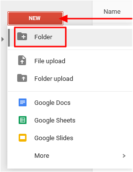 Screenshot of creating a new folder in Google Drive