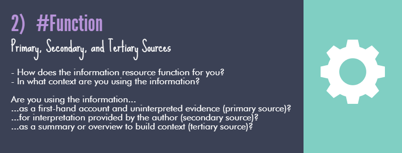 2) #Function: Primary Secondary, and Tertiary Sources -How does the information resource function for you? -In what context are you using the information? Are you using the information...as a first-hand account and uninterpreted evidence (primary source)? ...for interpretation provided by the author (secondary source)? ...as a summary or overview to build context (tertiary source) [cog wheel icon]