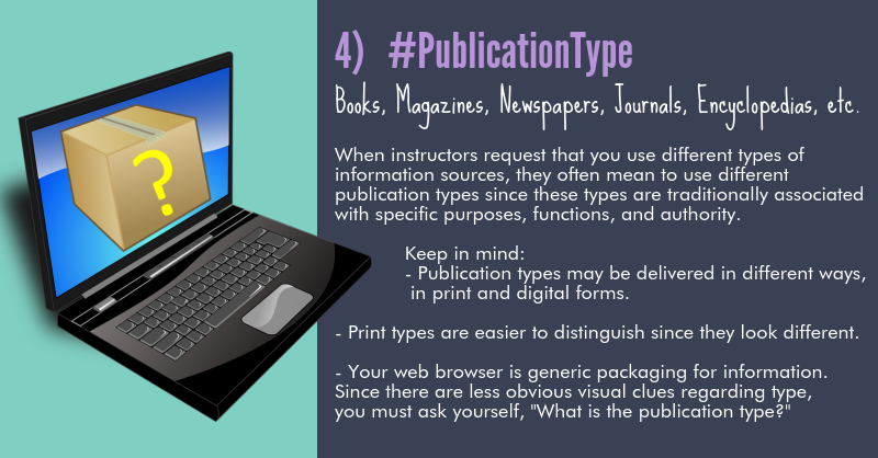 [laptop with a package on the screen with a question mark] 4) #Publication Type: Books, Magazines, Newspapers, Journals, Encyclopedias, etc. - When instructors request that you use different types of information sources, they often mean to use different publication types since these types are traditionally associated with specific purposes, functions, and authority. Keep in mind: -Publication types may be delivered in different ways, in print and digital forms. -Print types are easier to distinguish since they look different. -Your web browser is generic packaging for information. Since there are less obvious visual clues regarding type, you must ask yourself, 